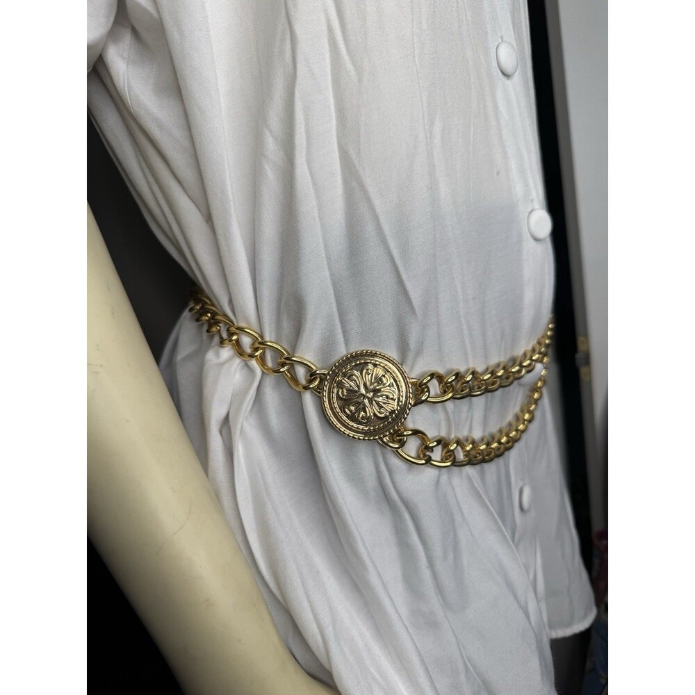 Vintage 1980s Escada Gold Tone Double Chain Medallion Belt Made In Spain  37.5"